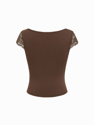 Lace Trim Sweetheart Neck Short Sleeve Tee