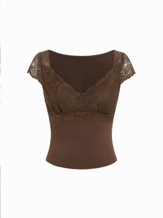 Lace Trim Sweetheart Neck Short Sleeve Tee