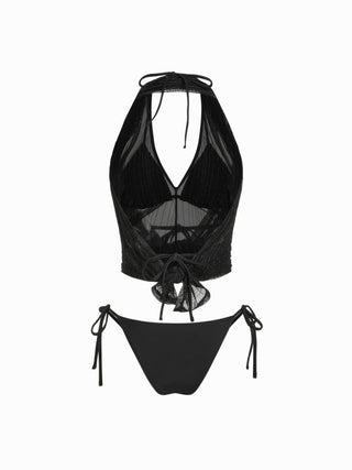 Tie Side Bikini Set with Glitter Asymmetrical Cover Up Top