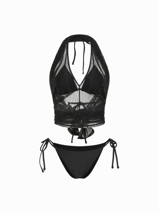 Tie Side Bikini Set with Glitter Asymmetrical Cover Up Top