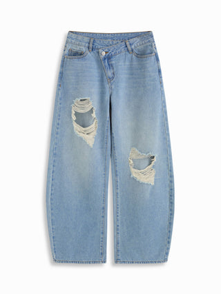 Denim Low Rise Barrel-Leg Ripped Jeans