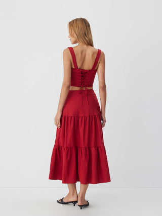 Linen-blend Sweetheart Corset Lace up Cami Top & High Rise Tiered Maxi Skirt Set