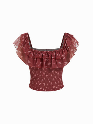 Ditsy Floral Off-shoulder Ruffle Sleeve Slim Blouse