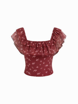 Ditsy Floral Off-shoulder Ruffle Sleeve Slim Blouse