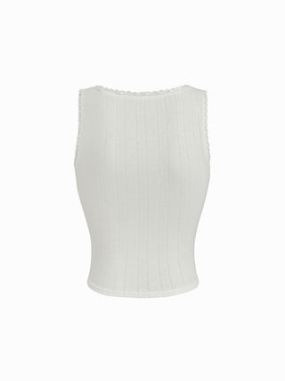 Pointelle Textured Scoop Neck Lace Trim Bowknot Tank Top