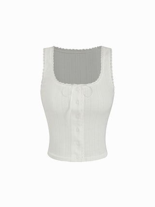 Pointelle Textured Scoop Neck Lace Trim Bowknot Tank Top