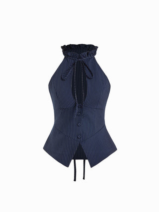 Mandarin Collar Stripe Cut Out Tie Back Top