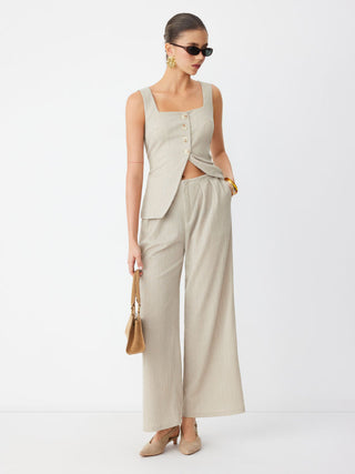 Textured Square Neck Mid Rise Button Wide Leg Jumpsuit