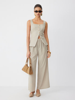 Textured Square Neck Mid Rise Button Wide Leg Jumpsuit