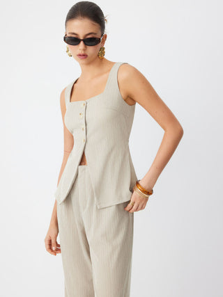 Textured Square Neck Mid Rise Button Wide Leg Jumpsuit