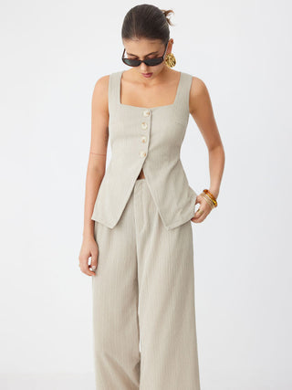Textured Square Neck Mid Rise Button Wide Leg Jumpsuit
