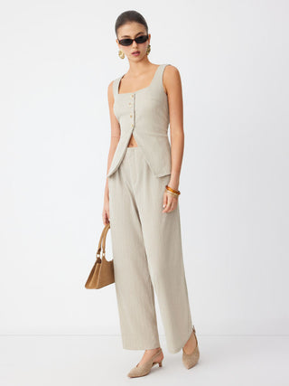 Textured Square Neck Mid Rise Button Wide Leg Jumpsuit