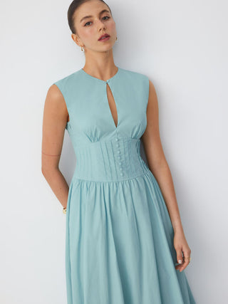 Cotton Sculptural Cut Out Pocket Ruched A-line Maxi Dress