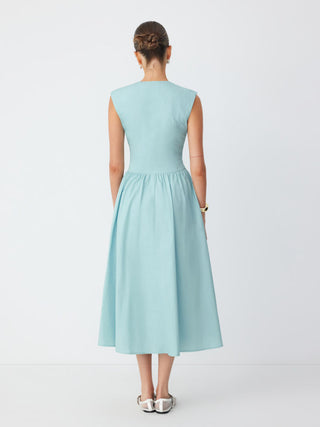 Cotton Sculptural Cut Out Pocket Ruched A-line Maxi Dress