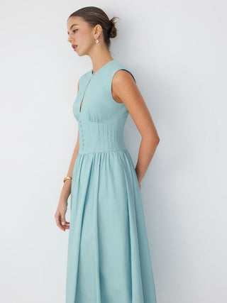 Cotton Sculptural Cut Out Pocket Ruched A-line Maxi Dress