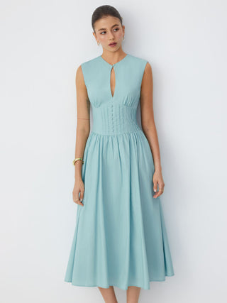 Cotton Sculptural Cut Out Pocket Ruched A-line Maxi Dress