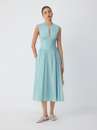 Cotton Sculptural Cut Out Pocket Ruched A-line Maxi Dress