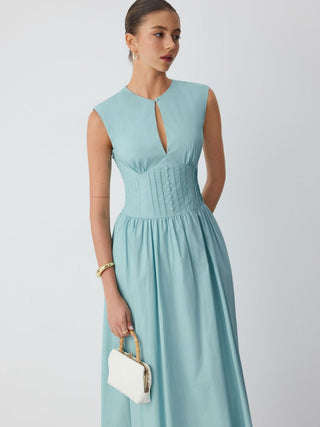 Cotton Sculptural Cut Out Pocket Ruched A-line Maxi Dress