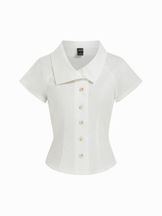 Cotton Notched Collar Short Sleeve Button Through Blouse
