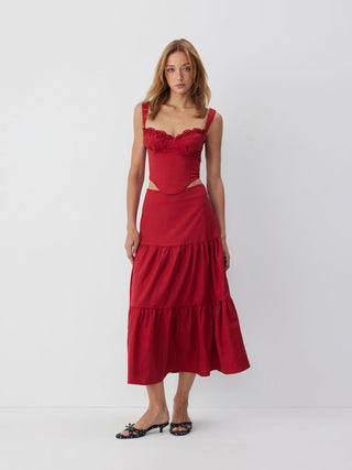 Linen-blend Sweetheart Corset Lace up Cami Top & High Rise Tiered Maxi Skirt Set