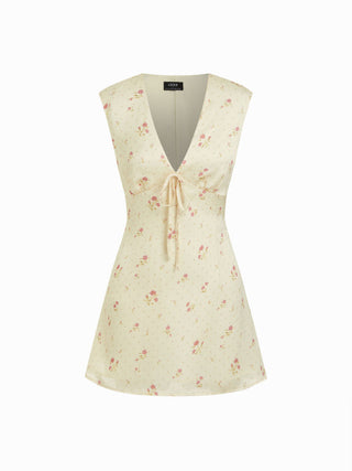 Satin V-neck Ruched Knotted Tie Back Mini Dress