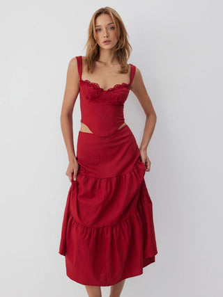 Linen-blend Sweetheart Corset Lace up Cami Top & High Rise Tiered Maxi Skirt Set