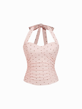 Cotton Polka Dot Halter Neck Ruched Tie Back Top