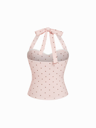 Cotton Polka Dot Halter Neck Ruched Tie Back Top