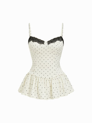 Satin Polka Dot Sweetheart Lace Trim Peplum Hem Cami Blouse