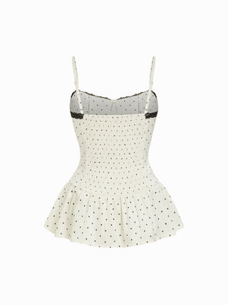 Satin Polka Dot Sweetheart Lace Trim Peplum Hem Cami Blouse
