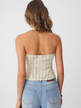 Cotton Floral Graphic Halter Neck Lace Trim Shirred Cami Blouse