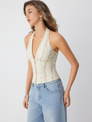 Cotton Floral Graphic Halter Neck Lace Trim Shirred Cami Blouse