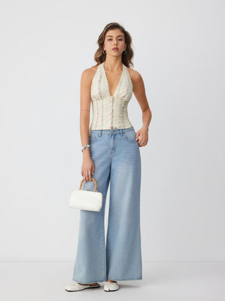 Cotton Floral Graphic Halter Neck Lace Trim Shirred Cami Blouse
