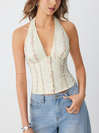 Cotton Floral Graphic Halter Neck Lace Trim Shirred Cami Blouse