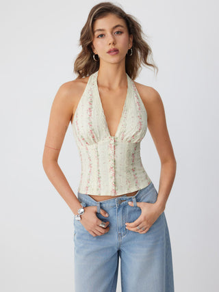Cotton Floral Graphic Halter Neck Lace Trim Shirred Cami Blouse