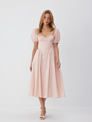 Linen-blend Sweetheart Neck Puff Sleeve Draped Lace Up Milkmaid Maxi Dress