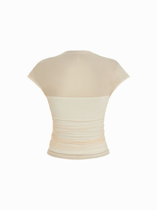 Mesh High Neck Sleeveless Draped Ruched Top