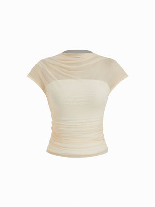 Mesh High Neck Sleeveless Draped Ruched Top