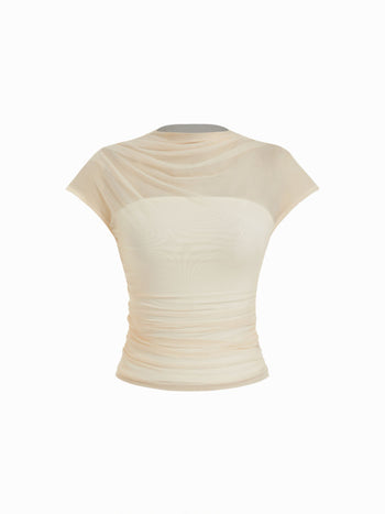 Mesh High Neck Sleeveless Draped Ruched Top
