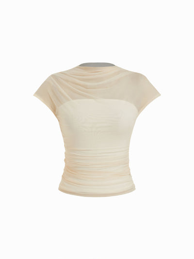 Mesh High Neck Sleeveless Draped Ruched Top