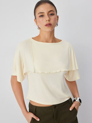Boat Neck Asymmetrical Draped Short Sleeve Tee