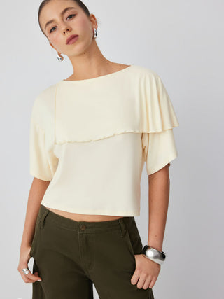 Boat Neck Asymmetrical Draped Short Sleeve Tee