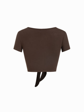 Textured V-neck Short Sleeve Twist Knotted Crop Top