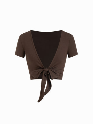 Textured V-neck Short Sleeve Twist Knotted Crop Top
