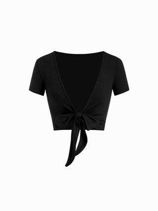 Textured V-neck Short Sleeve Twist Knotted Crop Top