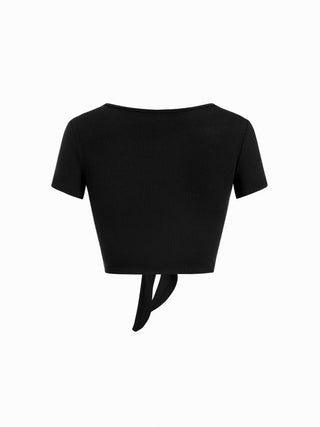 Textured V-neck Short Sleeve Twist Knotted Crop Top