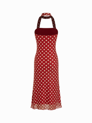 Mesh Halter Neckline Polka Dot Ruched Midi Dress