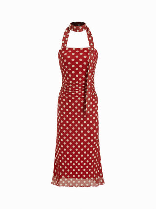 Mesh Halter Neckline Polka Dot Ruched Midi Dress