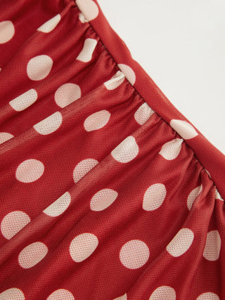 Mesh Halter Neckline Polka Dot Ruched Midi Dress