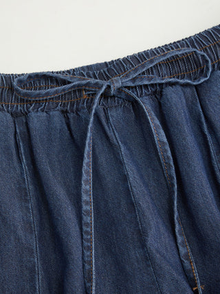 Denim Mid Rise Drawstring Ruched Wide Leg Jeans